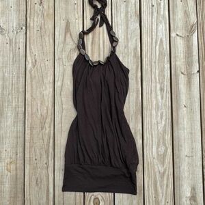 Chic Y2k Brown Halter Dress with Beaded Neckline